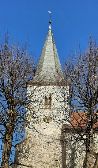 Kirchturm hinter Bäumen ohne Laub