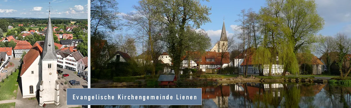 Kirche mit Fachwerkhäusern vom Dorfteich aus
