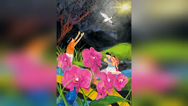 Logo mit Menschen , Blumen und einer Taube