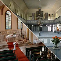 Diagonal geteiltes Bild von Innenräumen der Lienener und Kattenvenner Kirche