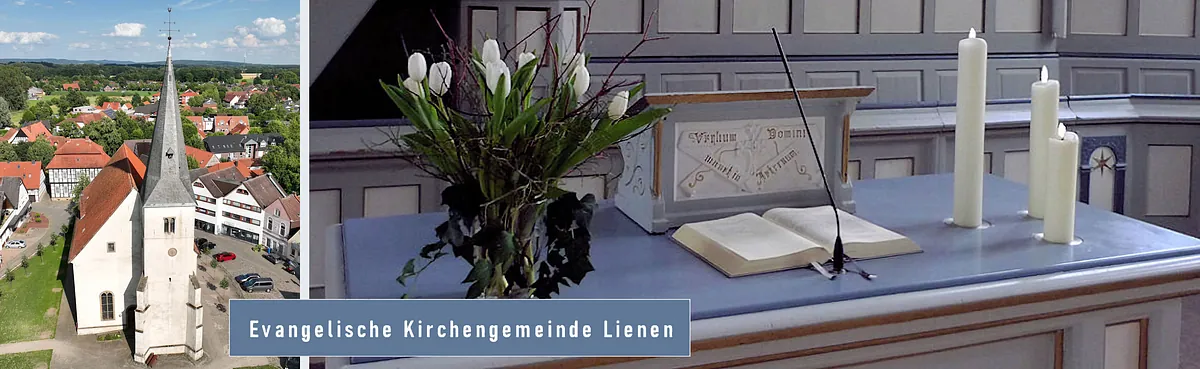Altar mit Bibel, Blumen und Kerzen